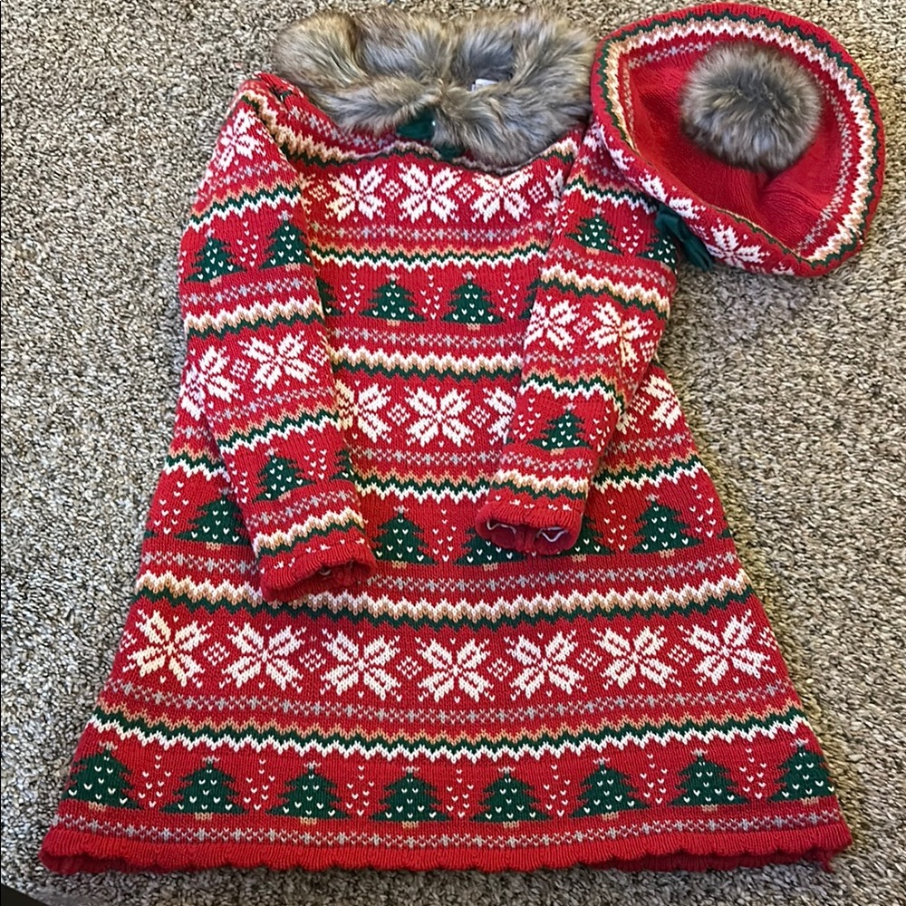 Festive Red Knit Dress with Faux Fur Collar and Hat